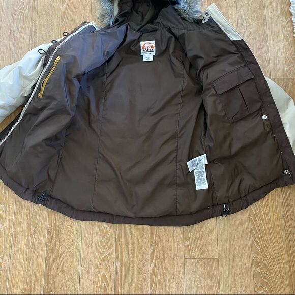 Sorel-Short Down Puffer Cream Faux Fur Hood Jacket - Picture 8 of 16